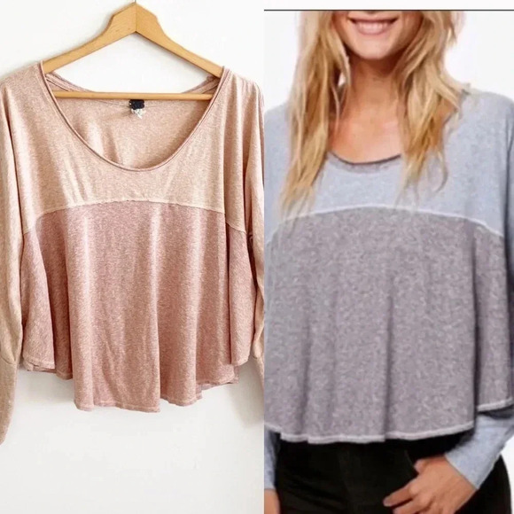 Free People Colorblock long sleeve tan peach Oversized Crop knit top - Picture 1 of 10